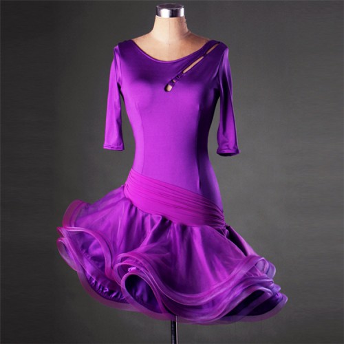 Black red royal blue purple short sleeves competition performance women's latin ballroom dance dresses